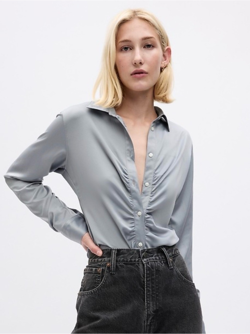 GAP Women's Silver-Gray Ruched Button-Down Shirt